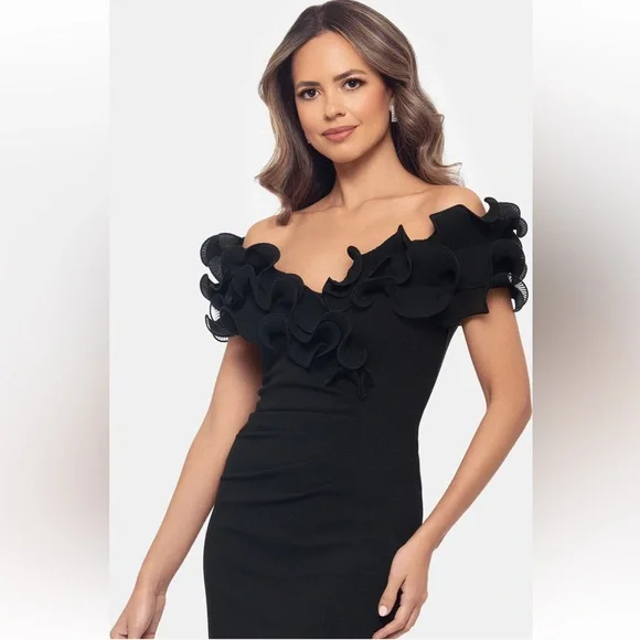Xscape Evenings Wire Trim Off the Shoulder Black Sheath Dress - Picture 4 of 9